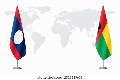 Laos and Guinea Bissau flags for official meeting against background of world map.