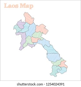 Laos hand-drawn map. Colorful sketchy country outline. Pleasant Laos map with provinces. Vector illustration.