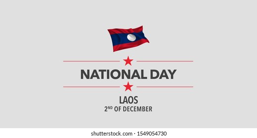 Laos happy national day greeting card, banner, vector illustration. Laotian holiday 2nd of December design element with waving flag as a symbol of independence 