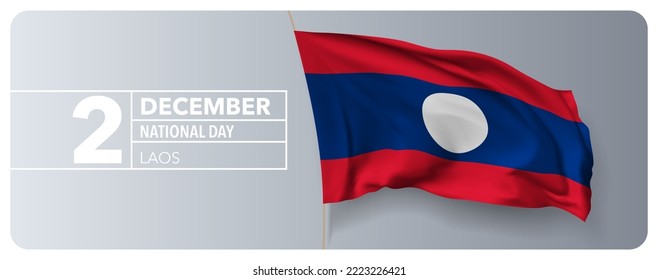 Laos happy national day greeting card, banner vector illustration. Laotian holiday 2nd of December design element with 3D waving flag on flagpole