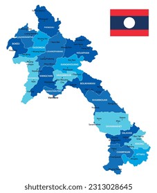 Laos highly detailed map. Vector blue illustration with borders, cities and national flag