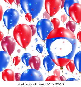 Laos Independence Day Seamless Pattern. Flying Rubber Balloons in Colors of the Laotian Flag. Happy Laos Day Patriotic Card with Balloons, Stars and Sparkles.