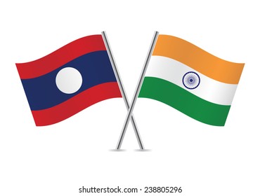 Laos and India crossed flags. Lao People's Democratic Republic and Indian flags, isolated on white background. Vector icon set. Vector illustration.