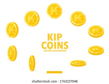 Laos Kip sign golden coins isolated on white background. Set of flat icon design of coin with symbol at different angles.
