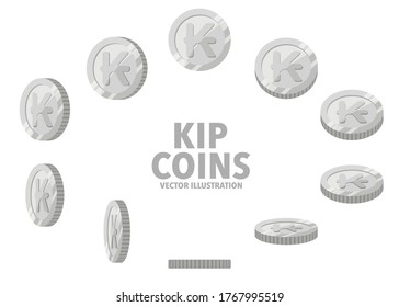 Laos Kip sign silver coins isolated on white background. Set of flat icon design of spin coins with symbol at different angles.