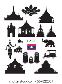 Laos Landmarks and Culture Object Set, Design Elements, Black and White, Silhouette