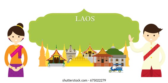 Laos Landmarks and people in Traditional Clothing, Culture, Travel and Tourist Attraction