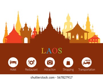 Laos Landmarks Skyline with Accommodation Icons, Cityscape, Travel and Tourist Attraction