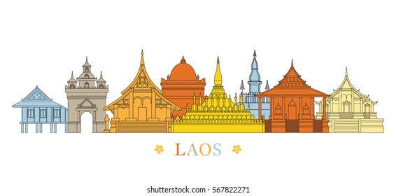 Laos Landmarks Skyline, Line and Colorful, Cityscape, Travel and Tourist Attraction