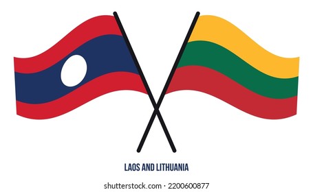 Laos and Lithuania Flags Crossed And Waving Flat Style. Official Proportion. Correct Colors.