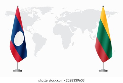 Laos and Lithuania flags for official meeting against background of world map.