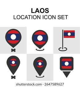 A Laos location icon set featuring the national flag in varied marker styles. Suitable for apps, maps, or tourism visuals.
