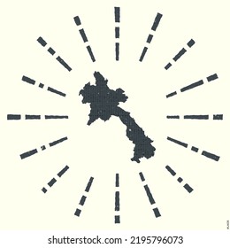 Laos Logo. Grunge sunburst poster with map of the country. Shape of Laos filled with hex digits with sunburst rays around. Awesome vector illustration.