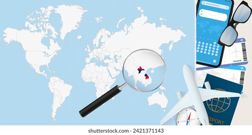 Laos is magnified over a World Map, illustration with airplane, passport, boarding pass, compass and eyeglasses. Vector illustration.