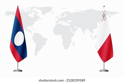 Banderas de Laos y Malta para reunión oficial en el contexto del mapa mundial.