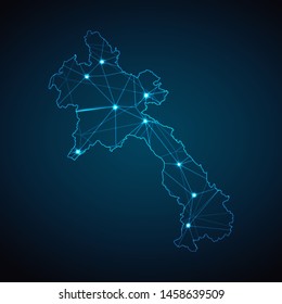 Laos Map - Abstract geometric mesh polygonal network line, structure and point scales on dark background with lights in the form of cities. Vector illustration eps 10.