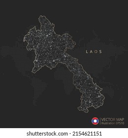 Laos Karte abstraktes geometrisches Mesh Polygonallichtkonzept mit schwarz-weißem, leuchtenden Konturlinien und Punkten auf dunklem Hintergrund. Vektorgrafik