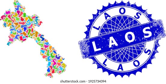 Abstraktion der Laos-Karte. Sammelkarte und ungerade Stempelsiegel für Laos. Sharp rosette blaue Stempeldichtung mit Bildunterschrift für Laos Karte. Collage Vektor Laos Karte besteht aus verstreuten bunten Splash.