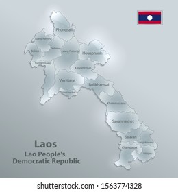 Laos map administrative division separates regions and names individual region, Laos flag, design glass card 3D vector