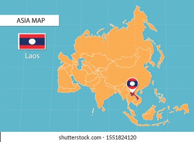 Laos map in Asia, icons showing Laos location and flags.