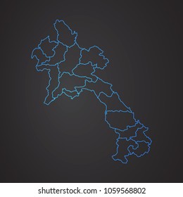 Laos map: blue glitter outline with sparkling stars on dark background. Detailed map of Laos. Vector illustration.