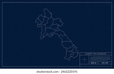 Laos Map with Blueprint Tech Style Background.