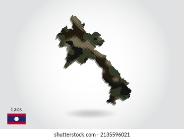 laos map with camouflage pattern, Forest - green texture in map. Military concept for army, soldier and war. coat of arms, flag.