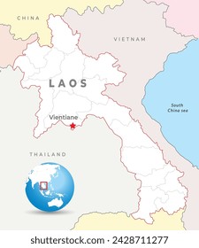 Mapa de Laos con la capital Vientiane, las ciudades más importantes y las fronteras nacionales