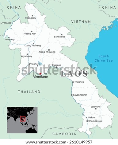 Laos map with capital Vientiane, most important cities and national borders	