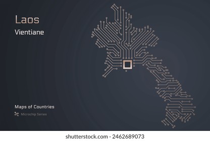 Mapa de Laos con la capital de Vientián en un patrón de microchip con procesador. Gobierno electrónico. Mapas de Vector de Países Mundiales. Serie de microchips