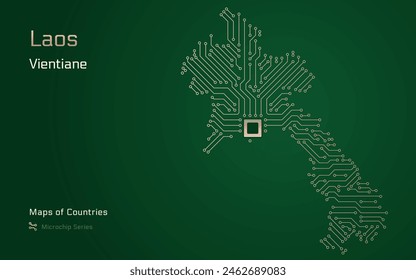 Laos Karte mit der Hauptstadt Vientiane in einem Mikrochip mit Prozessor gezeigt. E-Government. In: World Countrys Vektorgrafik Maps. Mikrochipserie