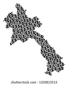 Laos map collage of dollar symbols and sphere dots in variable sizes. Abstract vector economics and GDP Laos map. Currency signs and spheric items are composed into cartography scheme design concept.