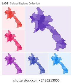Laos map collection. Country shape with colored regions. Deep Purple, Red, Pink, Purple, Indigo, Blue color palettes. Border of Laos with provinces for your infographic. Vector illustration.