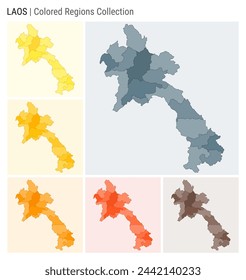 Laos map collection. Country shape with colored regions. Blue, Grey, Yellow, Amber, Orange, Deep Orange, Brown color palettes. Border of Laos with provinces for your infographic. Vector illustration.