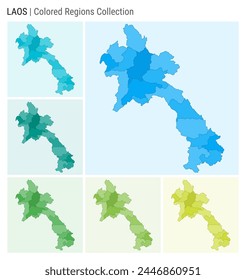 Laos map collection. Country shape with colored regions. Light Blue, Cyan, Teal, Green, Light Green, Lime color palettes. Border of Laos with provinces for your infographic. Vector illustration.