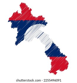 Laos map color hand drawn sketch. Vector concept illustration flag, scribble map. Country map for infographic, brochures and presentations isolated on white background. Vector illustration.