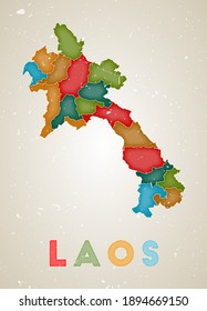 Laos-Karte. Country Poster mit farbigen Regionen. Alte Grunge Textur. Vektorgrafik von Laos mit Ländernamen.
