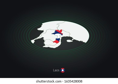 Laos map in dark color, oval map with neighboring countries. Vector map and flag of Laos