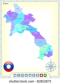 Laos Map with Flag Buttons and Assistance & Activates Icons Original Illustration