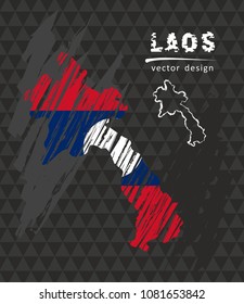 Laos map with flag inside on the black background. Chalk sketch vector illustration