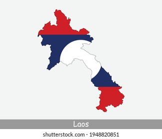 Bandera del mapa de Laos. Mapa de la República Democrática Popular Lao con la bandera nacional laosiana aislada de fondo blanco. Ilustración vectorial.