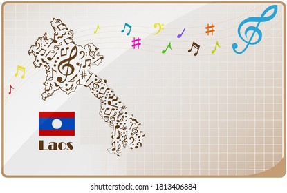 Bandera del mapa de Laos hecha de notas musicales. 