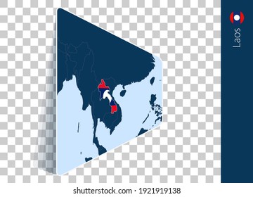 Laos map and flag on transparent background. Highlighted Laos on blue vector map.