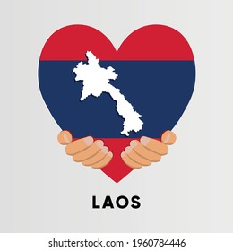 Mapa de Laos en forma de corazón sostenido por las manos diseño de ilustración vectorial