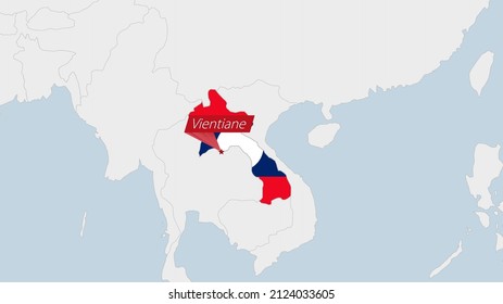 Laos map highlighted in Laos flag colors and pin of country capital Vientiane, map with neighboring Asian countries.