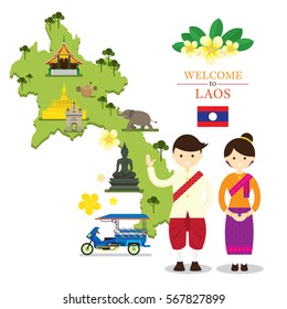 Laos Map And Landmarks With People In Traditional Clothing, Culture, Travel And Tourist Attraction