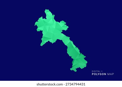 Mapa de Laos - Vector de bajo polígono polivinílico, silueta triangulada geométrica en tonos verdes y azules, estilo moderno limpio, fondo aislado para uso infográfico.