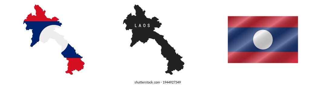 Laos. Map with masked flag. Detailed silhouette. Waving flag. Vector illustration isolated on white.