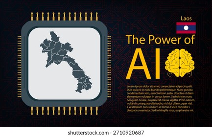 laos map with microchip war and AI concept on circuit board, Power of AI with country map. Global connectivity with big data. Design for UI backgrounds or FinTech projects.