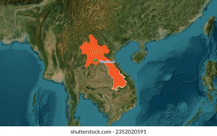 Laos map on the world background. The country is a South East Asian member, known for its slow development. Its capital is Vientiane city. It shares land border with Vietnam, Cambodia and Thailand. 